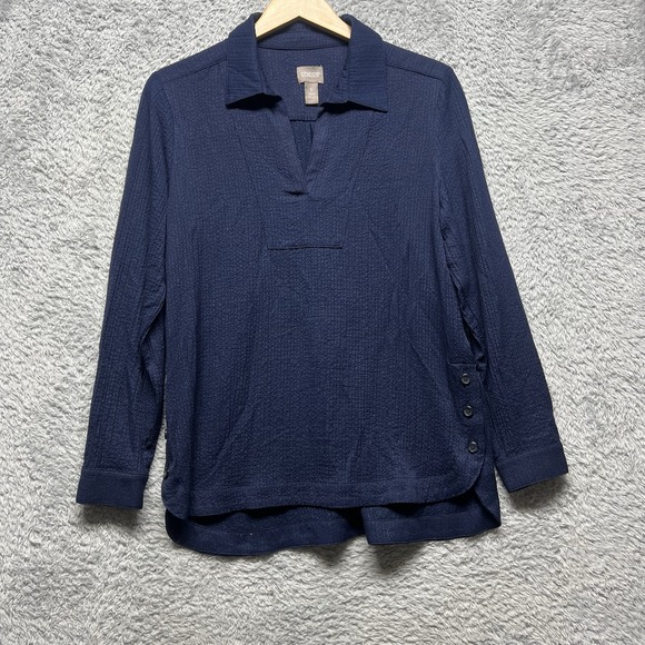 Chico's Tops - Chicos Tunic Top Womens 1 US Medium Blue Gauze Collar V Neck Casual Coastal